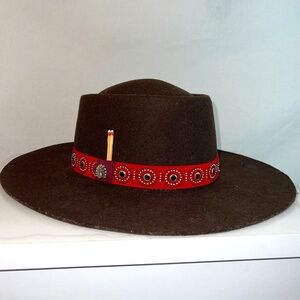 Handmade Wool/Felt Cowboy/Sombrero Hat- Brown/Red Studded Ribbon - Size 57/7 1/8